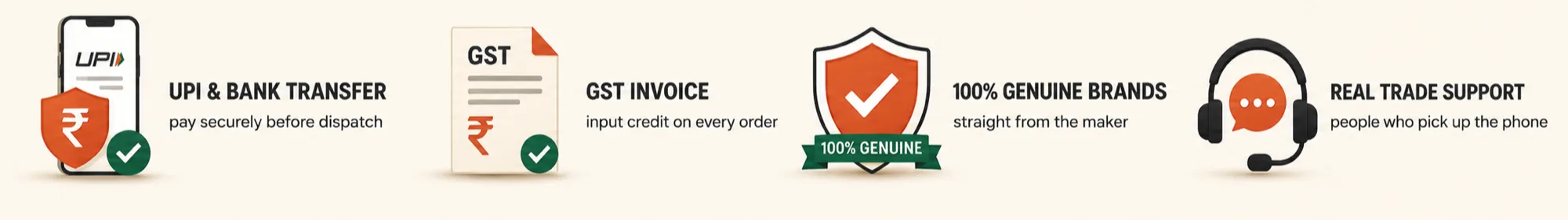 UPI & bank transfer, pay securely before dispatch · GST invoice, input credit · 100% genuine brands · Real trade support